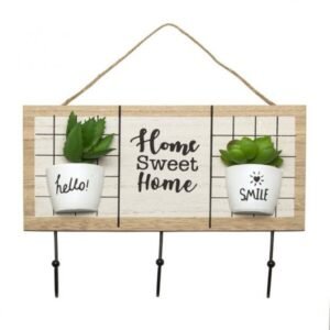 Perchero porta llave madera "HOME SWEET HOME" con dos suculentas