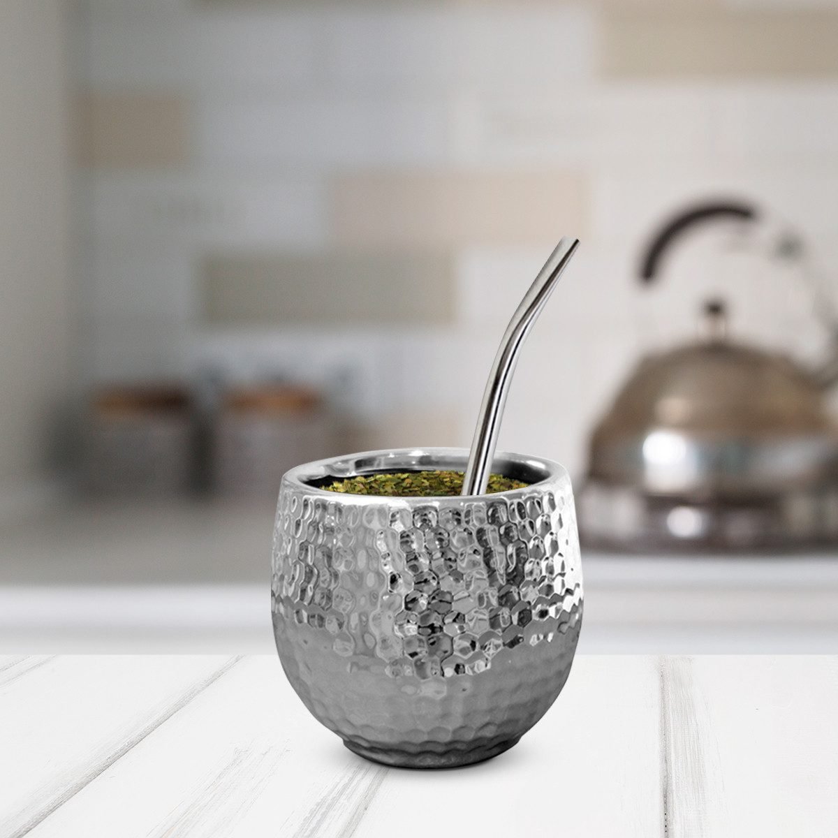8946-603-mate-plateado Mate de ceramica glam con bombilla - Imagen 1