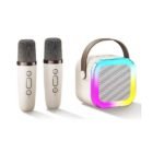 Parlante karaoke con 2 microfonos inalambricos recargable Bluetooth led