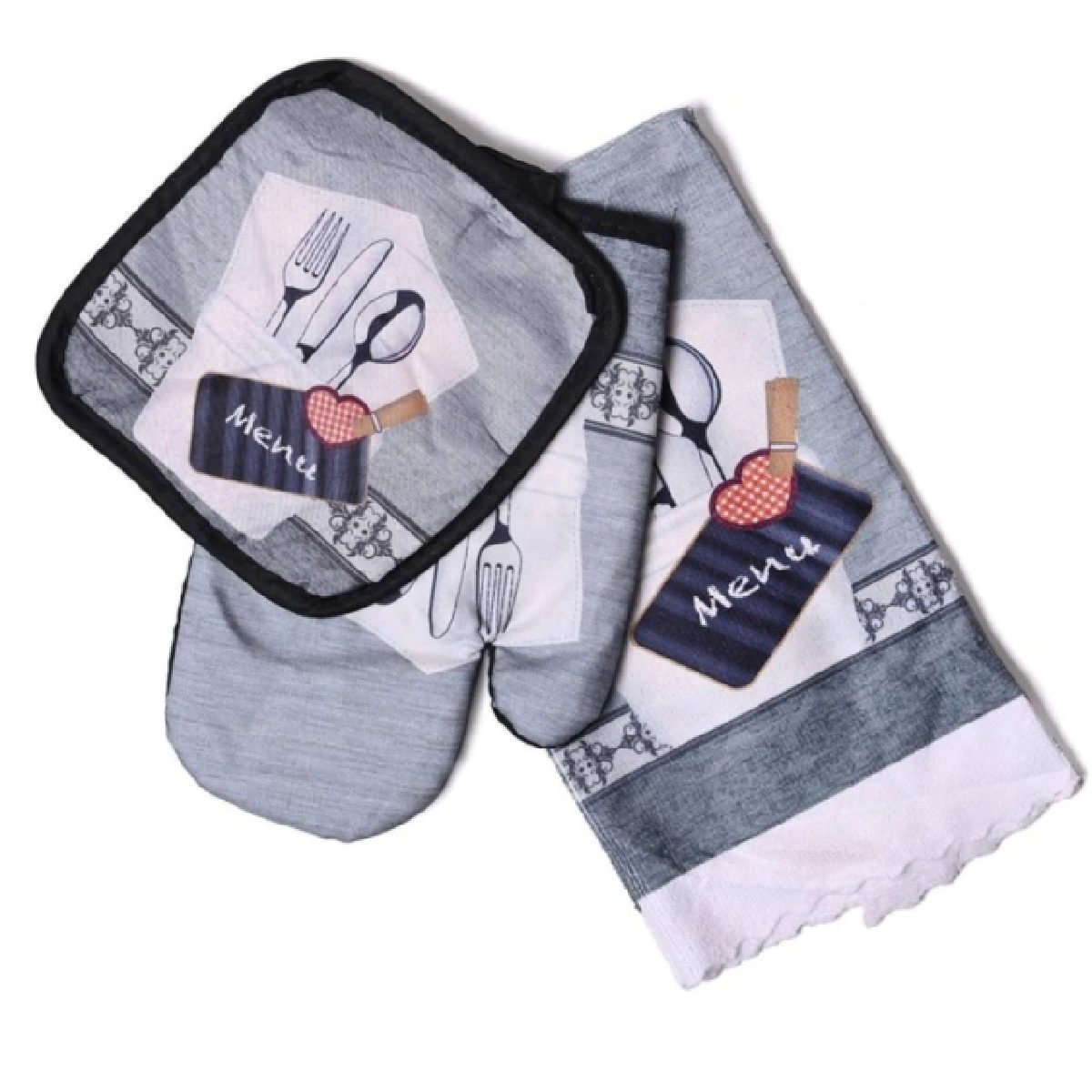 02417CUBGRI Set de cocina repasador + manopla + agarradera modelo cubiertos - Imagen 1