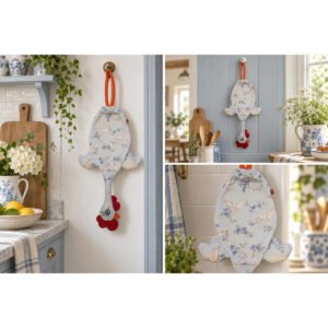 Dispenser organizador de bolsas gallina Etelvina Ciervo Bambi Celeste en uso en la cocina