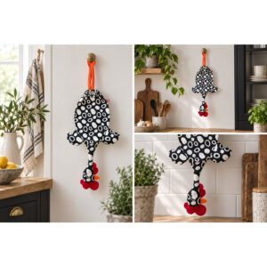 Dispenser Organizador de Bolsas Gallina Etelvina Círculos Negro y Blanco en uso en la cocina