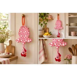 Dispenser Organizador de Bolsas Gallina Etelvina Círculos Rosa y Blanco en uso en la cocina