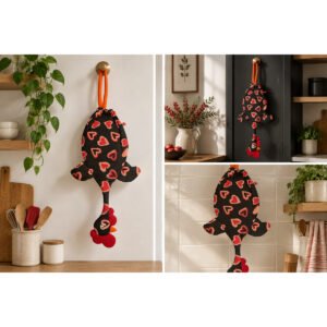 Dispenser Organizador de Bolsas Gallina Etelvina Corazones Negro y Rojo en uso en la cocina