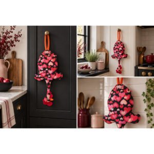 Dispenser organizador de bolsas gallina Etelvina Corazones rojos y rosas en uso en la cocina