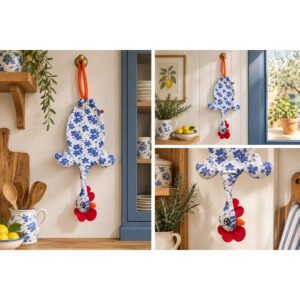 Dispenser Organizador de Bolsas Gallina Etelvina Flores Blanco y Azul en uso en la cocina
