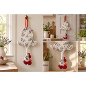 Dispenser organizador de bolsas gallina Etelvina Blanca flores grises en uso en la cocina