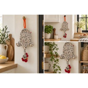 Dispenser Organizador de Bolsas Gallina Etelvina Flores Blanco y Negro en uso en la cocina