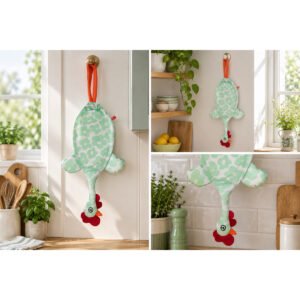 Dispenser Organizador de Bolsas Gallina Etelvina Flores Verde en uso en la cocina