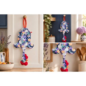 Dispenser organizador de bolsas gallina Etelvina blanca flores violeta y salmon en uso en la cocina