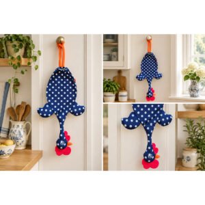 Dispenser organizador de bolsas gallina Etelvina azul oscuro con lunares blancos en uso en la cocina