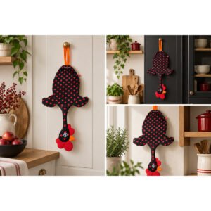 Dispenser Organizador de Bolsas Gallina Etelvina Lunares Grandes Negro y Rojo en uso en la cocina