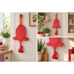 Dispenser Organizador de Bolsas Gallina Etelvina Lunares Grandes Rojo y Blanco en uso en la cocina