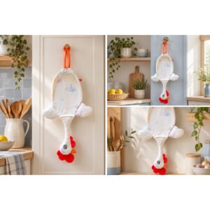 Dispenser Organizador de Bolsas Gallina Etelvina Palmeras Blanco en uso en la cocina