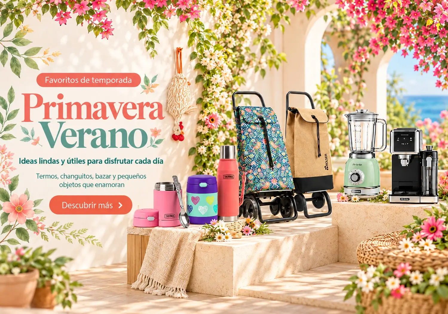 Primavera Verano en La Aldea: ideas lindas y útiles — termos Thermos, changuitos Rolser, licuadora y cafetera Ariete y objetos de diseño
